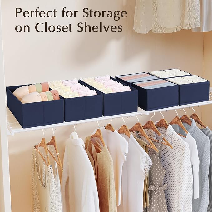 DIMJ Drawer Organizers Clothes, Set of 8 Dresser Organizer Bins, Fabric Closet Organizers and Storage, Shallow Drawer Dividers for Nursery, Clothing, Baby Clothes, Socks, Underwears, Tie (Navy Blue)