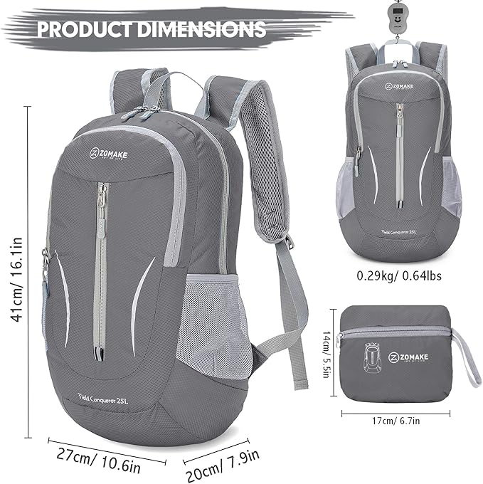 ZOMAKE Ultra Lightweight Packable Backpack 25L, Foldable Hiking Backpacks Water Resistant Small Folding Daypack for Travel(Dimgray NEW)