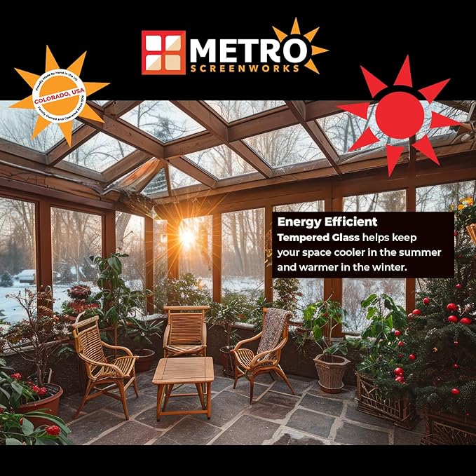Metro Screenworks Framed Tempered Glass Panel for Porch & Patio Panels, Outdoor Enclosures, (28-5/8" x 34-1/2", Tan) Enclose Your Porch with Tempered Glass Panels - Glass Panel Replacement