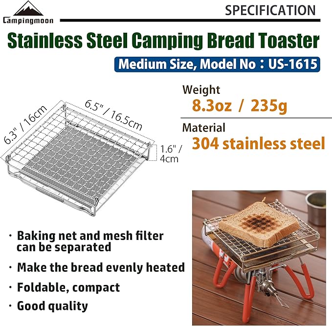 CAMPINGMOON Camping Toaster for Gas Stove Top Fire Grill Grid 304 Stainless Steel Bread Toasters Cooking Grill With Anti Scalding Mesh Fork Medium Size US-1615