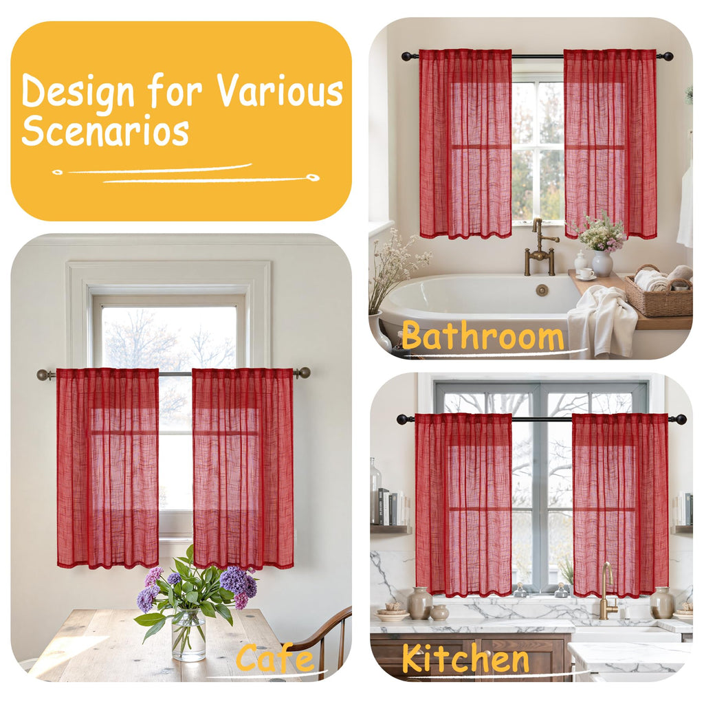 Red Linen Kitchen Window Curtains 45 Inch Length (2 Count)