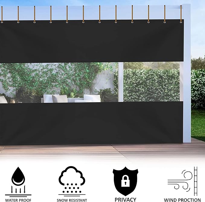 Covers & all Outdoor Clear Panel Curtain, 12 oz Vinyl Outdor Curtains for Patio, Waterproof & Weather Resistant Tarp with Brass Grommets for Pergola, Porch, Gazebos, Balcony (15'H x 10'W feet, Black)