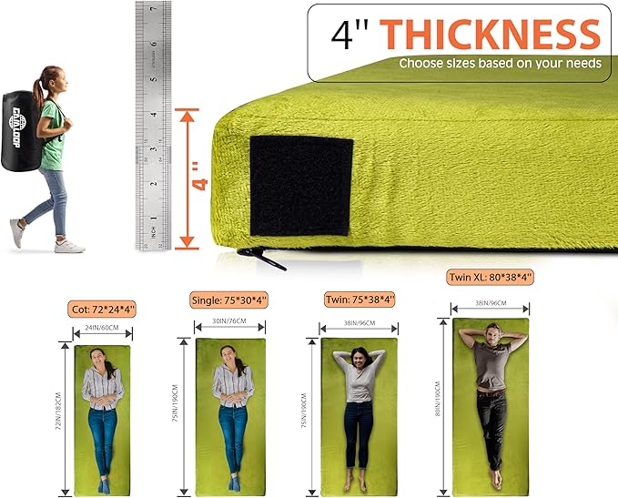 4 Inch GAIALOOP Extra Thick Memory Foam Camping Mattress, Roll Up Floor Sleeping Mat Camp Cot Mattress Pad Travel Camping Couch Bed for Guest Adults Side Sleepers
