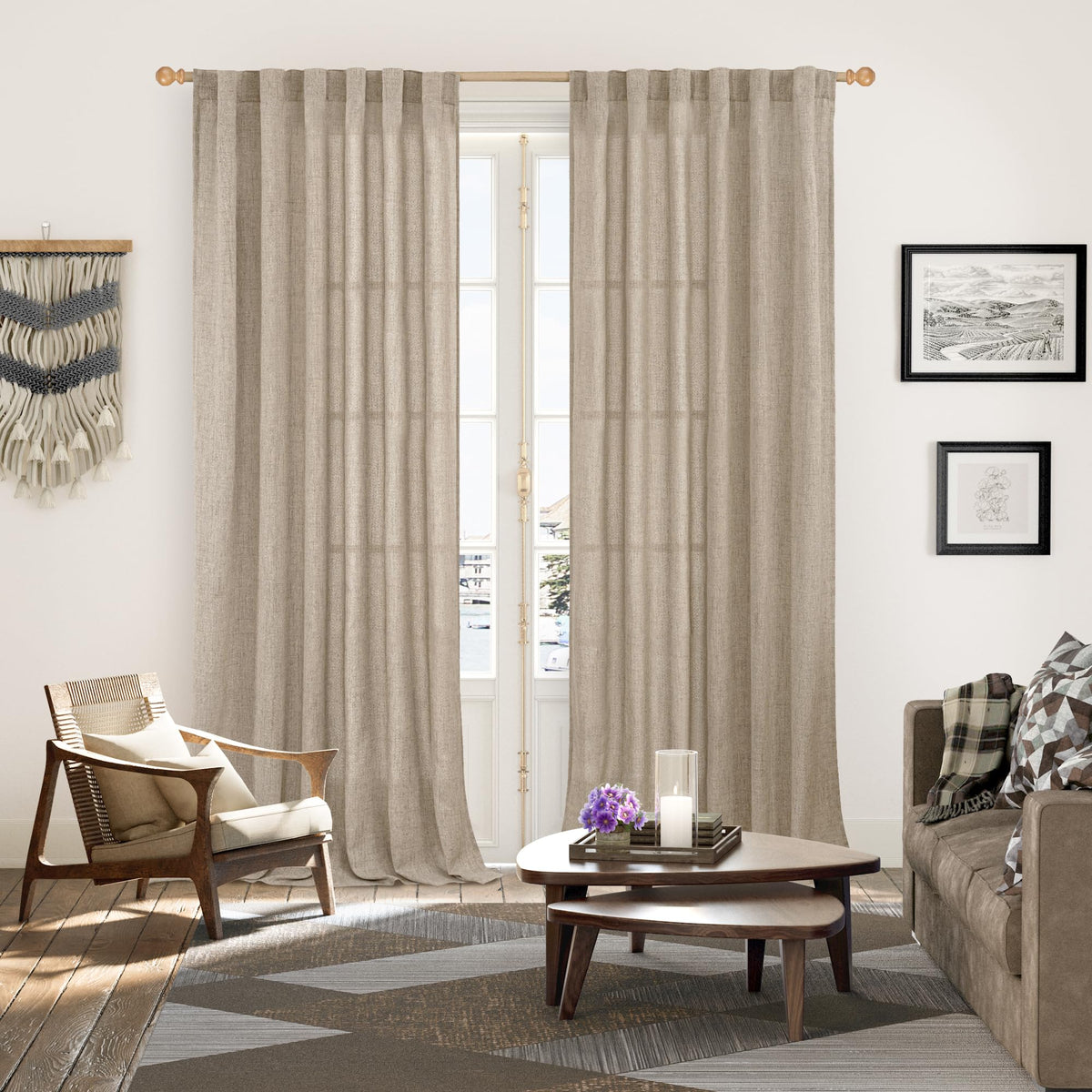 Dark Oatmeal Linen Curtains 102 Inch Length for Living Room (2 Count)