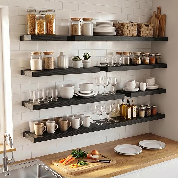 Venusmiles Floating Shelves for Wall, 30 Inch Floating Shelves Set of 2, 6.5" D Wooden Wall Mounted Display Shelves with Invisible Brackets for Living Room, Bedroom, Bathroom, Kitchen Decor, Black