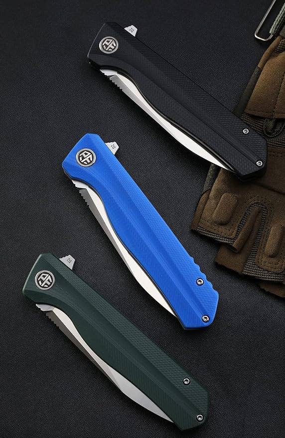 Petrified fish G10 handle D2 steel blade 2CR13 liner ball bearing flipper folding knife camping hunting EDC pocket tool PF818 (Purple, Stonewash)