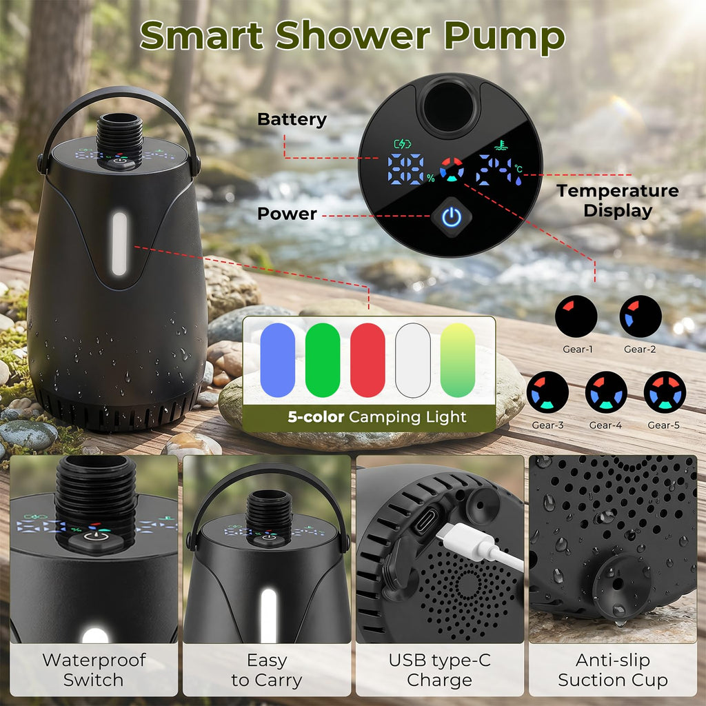 Portable Camping Shower with 5 Gallon Water Jug, 8000mAh Rechargeable Camp Shower Kit, IPX8 Waterproof Pump, Adjustable Shower Head, Portable Shower for Camping, Pet Bath, Car Wash, Plant Watering