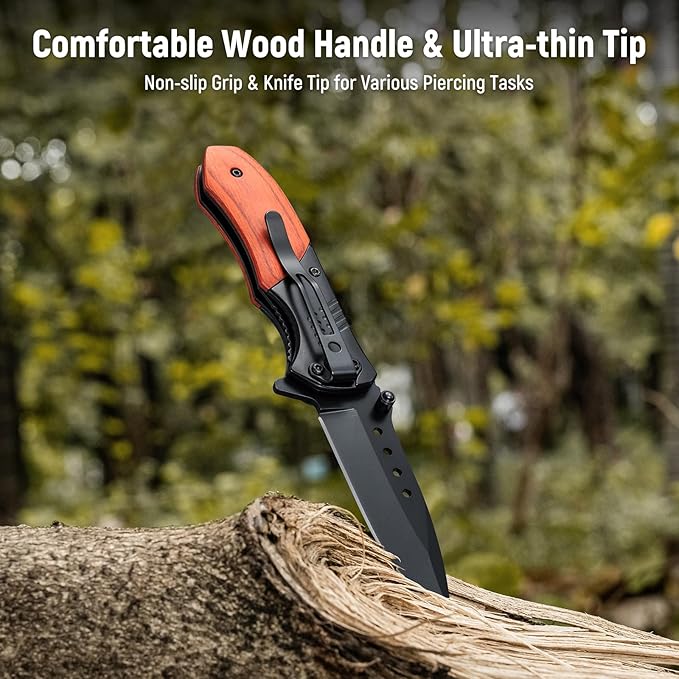 Pocket Knife for Men - 2.98" Sharp Blade Wood Handle Pocket Folding Knives with Clip, Glass Breaker - Small EDC Knives for Survival Camping Hunting Fishing Hiking Women, Black