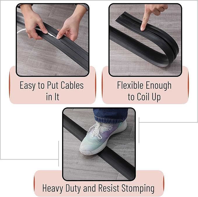 Bates- Floor Cord Cover, 10ft, Cable Cavity 0.6" (W) x 0.31" (H), Heavy Duty Wire Protector, PVC Extension Cords Hider, Protect Cords, Prevent Cable Trips, Cord Hider for Office, Home, Outdoor