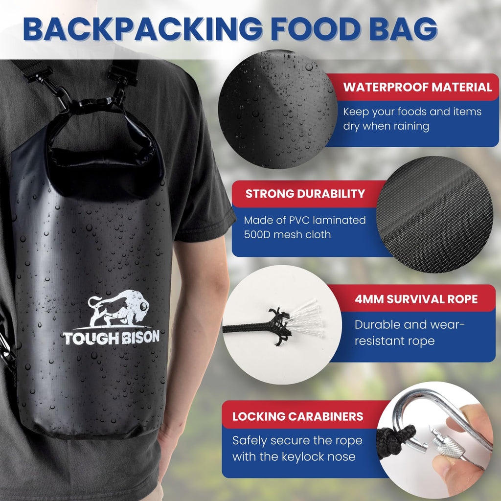 Tough Bison Bear Bag Hanging Kit - 10L Waterproof Bear Proof Food Storage Bag, 2 Straps, Rock Sack & 2 Ropes with 4 Safety Clips for Hiking, Kayaking, Camping, Outdoor Adventures