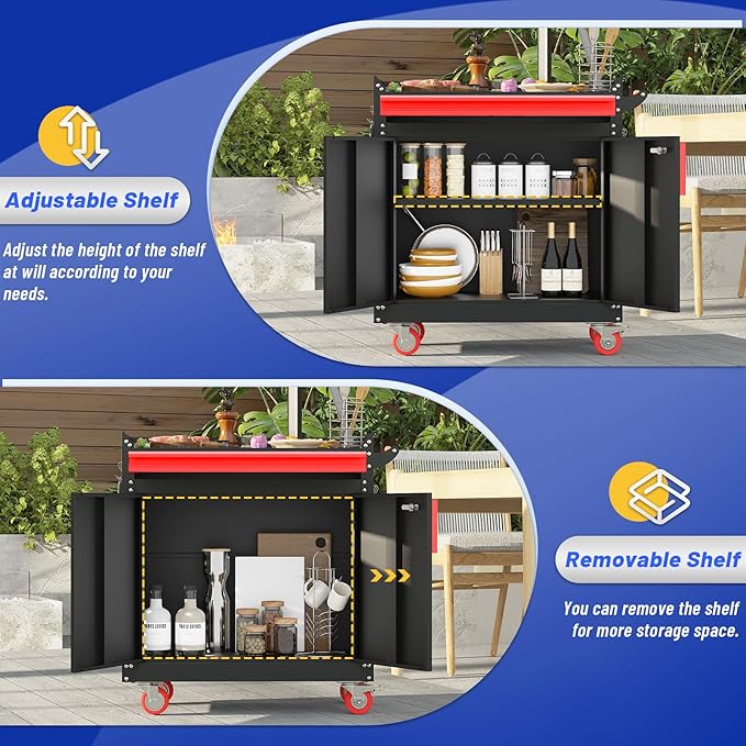 Metal Grill Cart - Outdoor Grill Cart with Storage,Grill Table with Wheels,Outdoor Bar Cart with Adjustable Shelf for Kitchen Prep and Patio BBQ