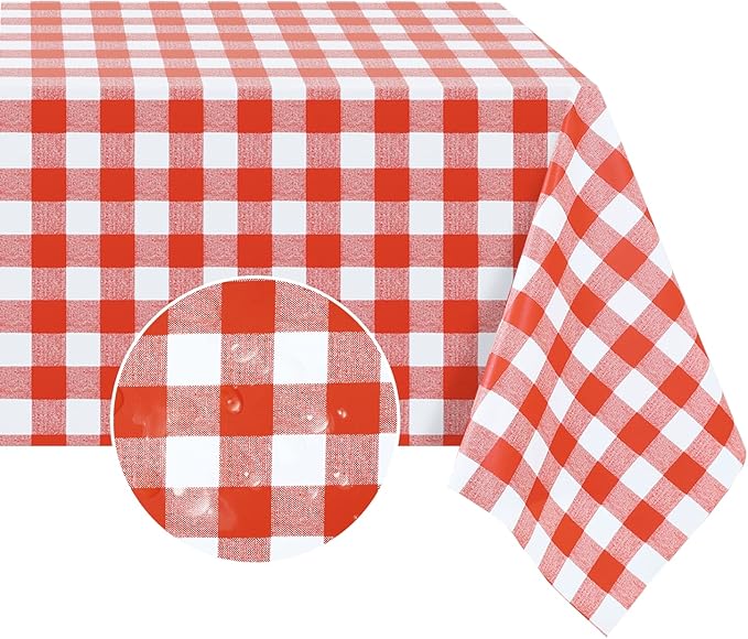 Romanstile Square Vinyl Tablecloth, 100% Waterproof Buffalo Gingham Plastic Table Cloth, Heavy Duty Wipeable Checkered Table Covers for Outdoor, Camping, Picnic, Patio - 54 x 54, Red and White
