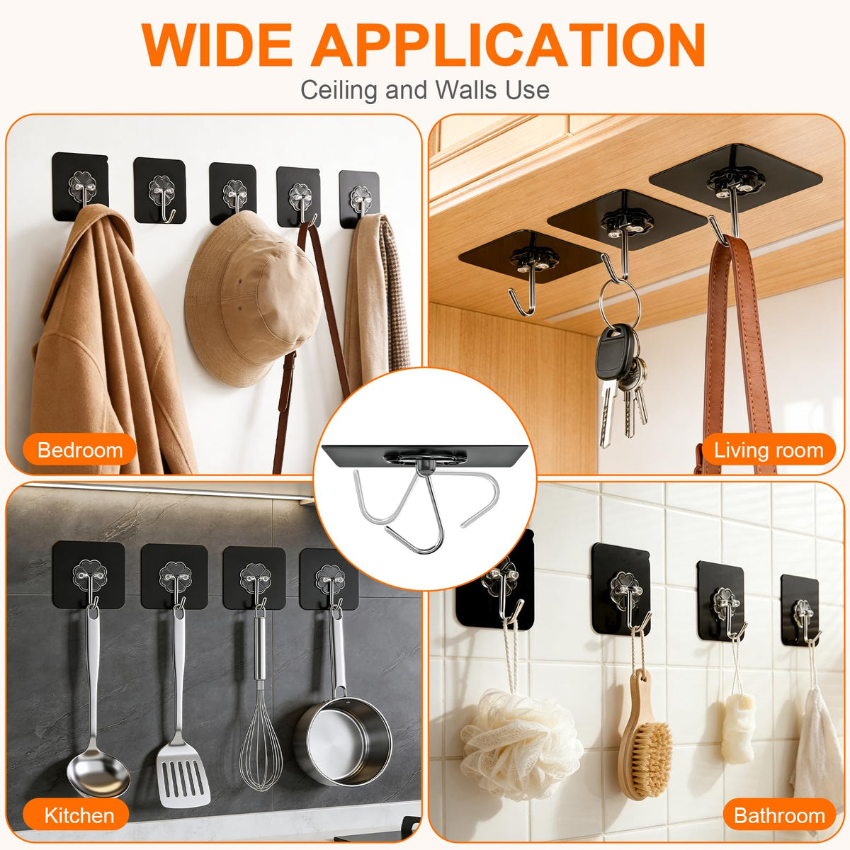 Heavy Duty Adhesive Hooks for Hanging 50lb (8 Count)
