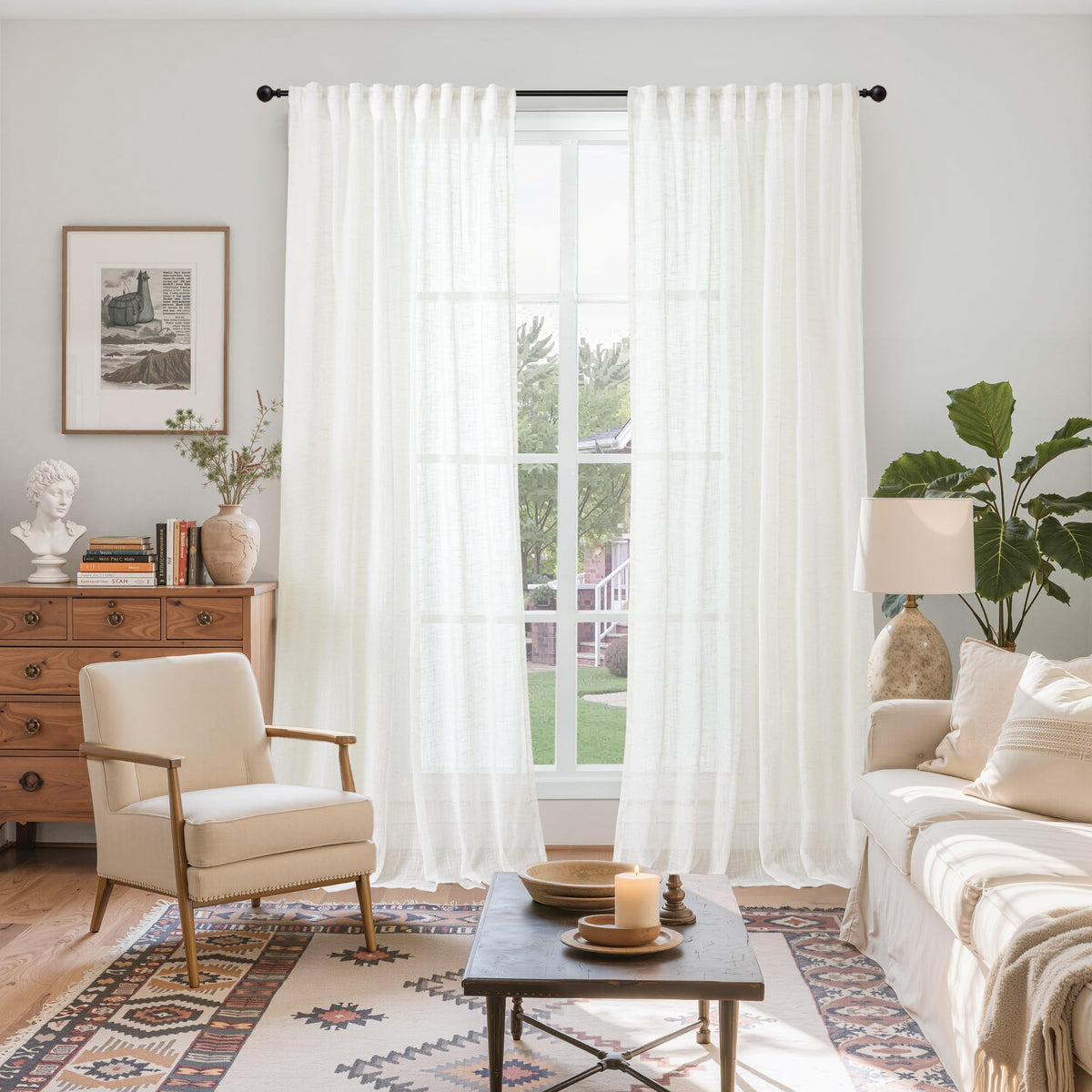 Extro Long Linen Semi Sheer Curtains 95 Inch Length for Living Room 2 Panels (2 Count)
