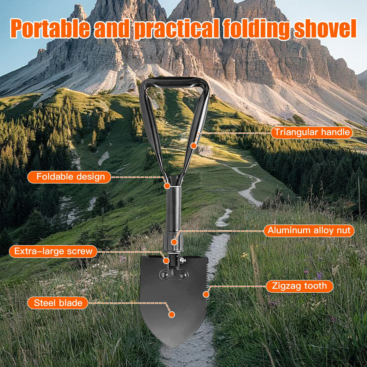 Outdoor Multi-use Folding Digging Shovel, 18.5 Inch Lightweight High Carbon Steel Spade with Ergonomic Grip, Ideal for Camping, Trekking, Yard Work & Unexpected Emergencies