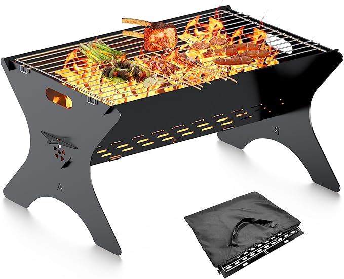 Camping Campfire Grill, 16"Lx12"D Portable Folding Charcoal Grills, Backpacking BBQ Grill with Carry Bag, Outdoor Fire pit for Camping, Picnic, Bonfire, Patio, Backyard