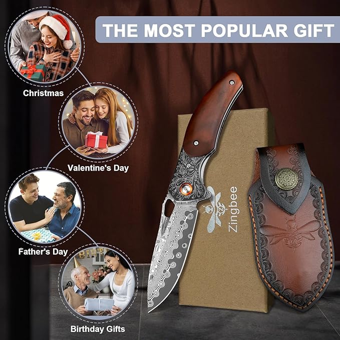 Damascus Pocket Knife with Sheath, 3.35" Damascus Steel Blade Knife with Wooden Handle, EDC Pocket Knives & Folding Knives for Outdoor Camping, Ideal Gifts for Men Women