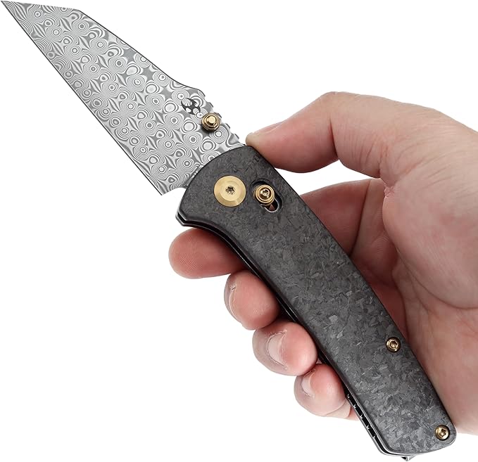 KANSEPT Elite Main Street Pocket Knife, 3.36''Damascus Sharp Tanto Blade, Shred Carbon Fiber Handle with Axis Lock and Thumb Stud,Perfect Clip for EDC, Men Gift Camping Survival Folding knives K1015V1