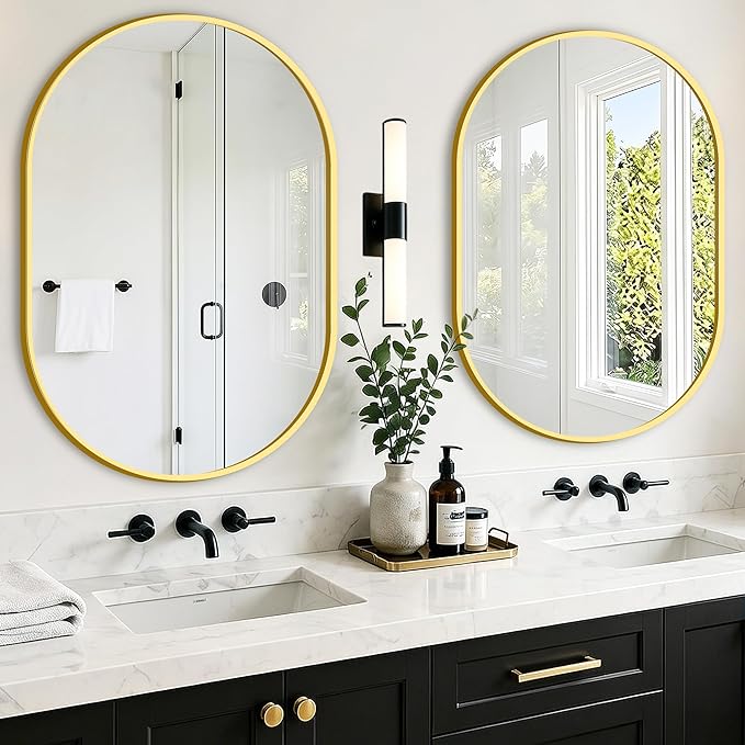 TRAHOME Oval Bathroom Mirror, 2 Pack 24"x36" Gold Vanity Mirror for Over Sink, Bedroom, Living Room, Entryway, Modern Mounted Metal Frame Wall Mirror