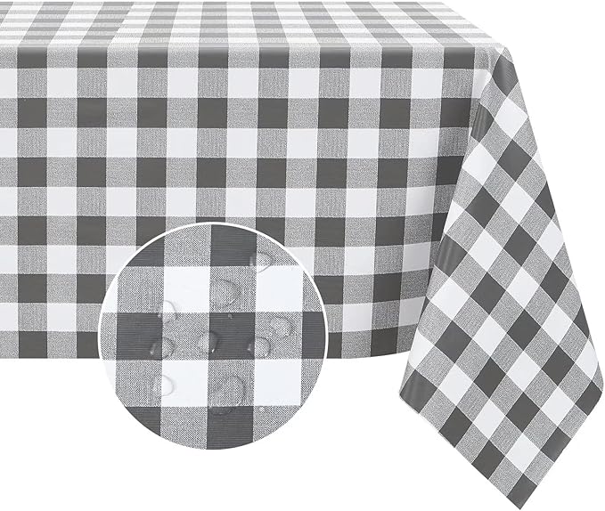 Romanstile Square Vinyl Tablecloth, 100% Waterproof Buffalo Gingham Plastic Table Cloth, Heavy Duty Wipeable Checkered Table Covers for Outdoor, Camping, Picnic, Patio - 60 x 60, Grey and White