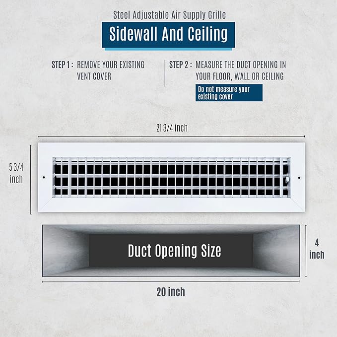 [6 Pack] Fits 20x4 Duct Opening Steel Adjustable Air Supply Grille by Handua | Register Vent Cover Grill for Sidewall and Ceiling | White | Out. Dim.: 21.75" X 5.75"