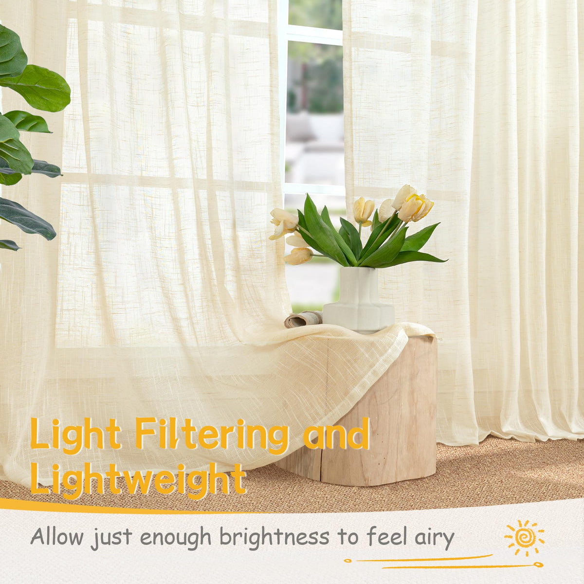 Linen Semi Sheer Curtains 48 Inch Length for Living Room Window (2 Count)