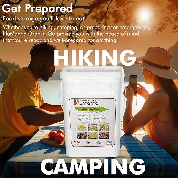 NuManna Grab-n-Go Bucket??80 Servings, 12 lbs Freeze-Dried Premade Meals | 25+ Year Shelf Life | Non-Perishable, Ready-to-Eat Breakfast & Dinner, Everyday Meals & Pantry Essentials | Emergency, Camping & Survival Food Kit | Made in USA