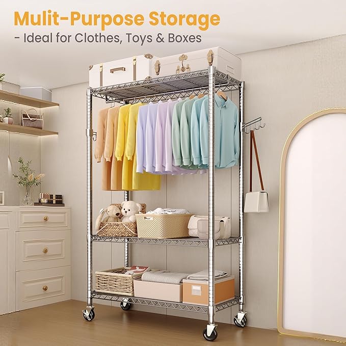 3-Tier Rolling Metal Garment Rack with Adjustable Shelves and One Hanging Rods, Heavy Duty Freestanding Clothing Organizer with Wheels for Bedroom, Closet, Dorm, or Laundry Room