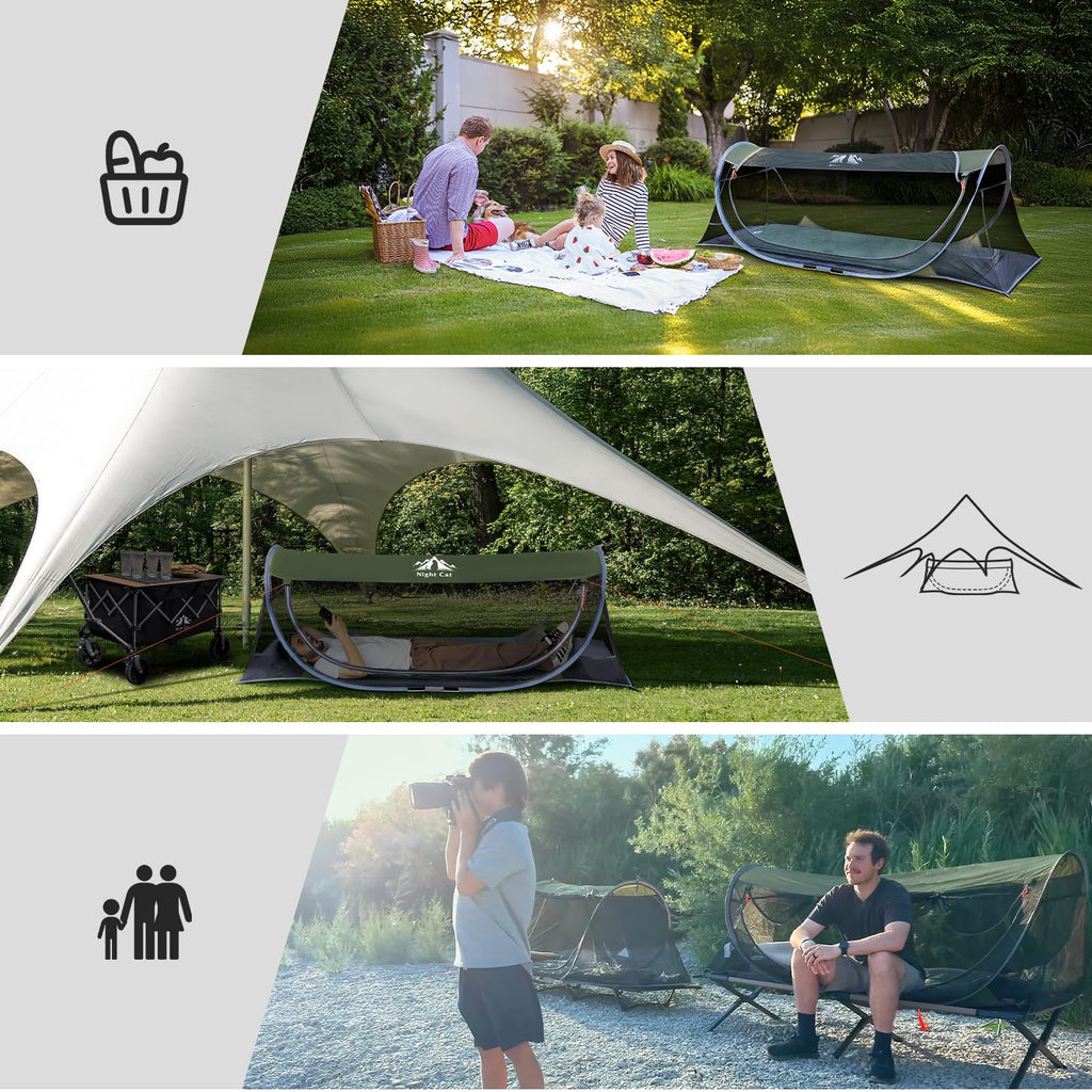 Night Cat Pop-up Mosquito Tent: 1 Person Camping Tent with Bug Screen Net Easy Set-up Tent Fits for Camping Cot (Excluded)