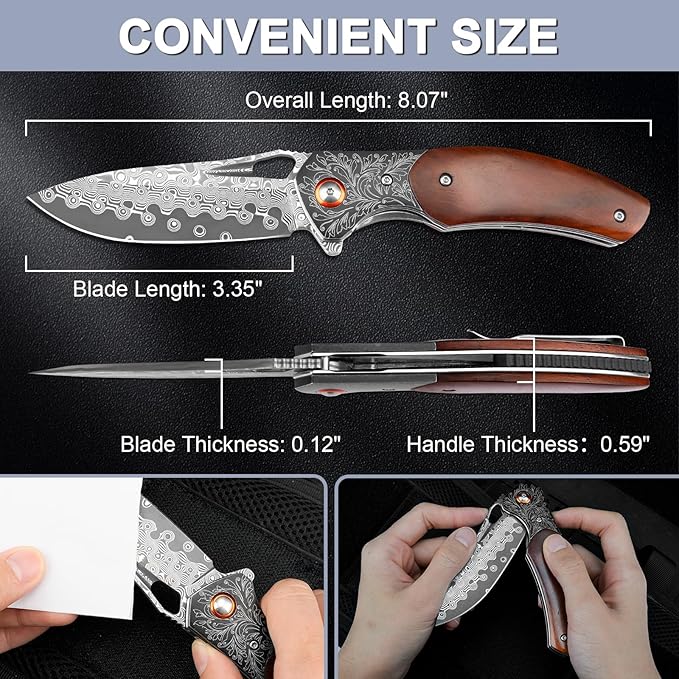 Damascus Pocket Knife with Sheath, 3.35" Damascus Steel Blade Knife with Wooden Handle, EDC Pocket Knives & Folding Knives for Outdoor Camping, Ideal Gifts for Men Women