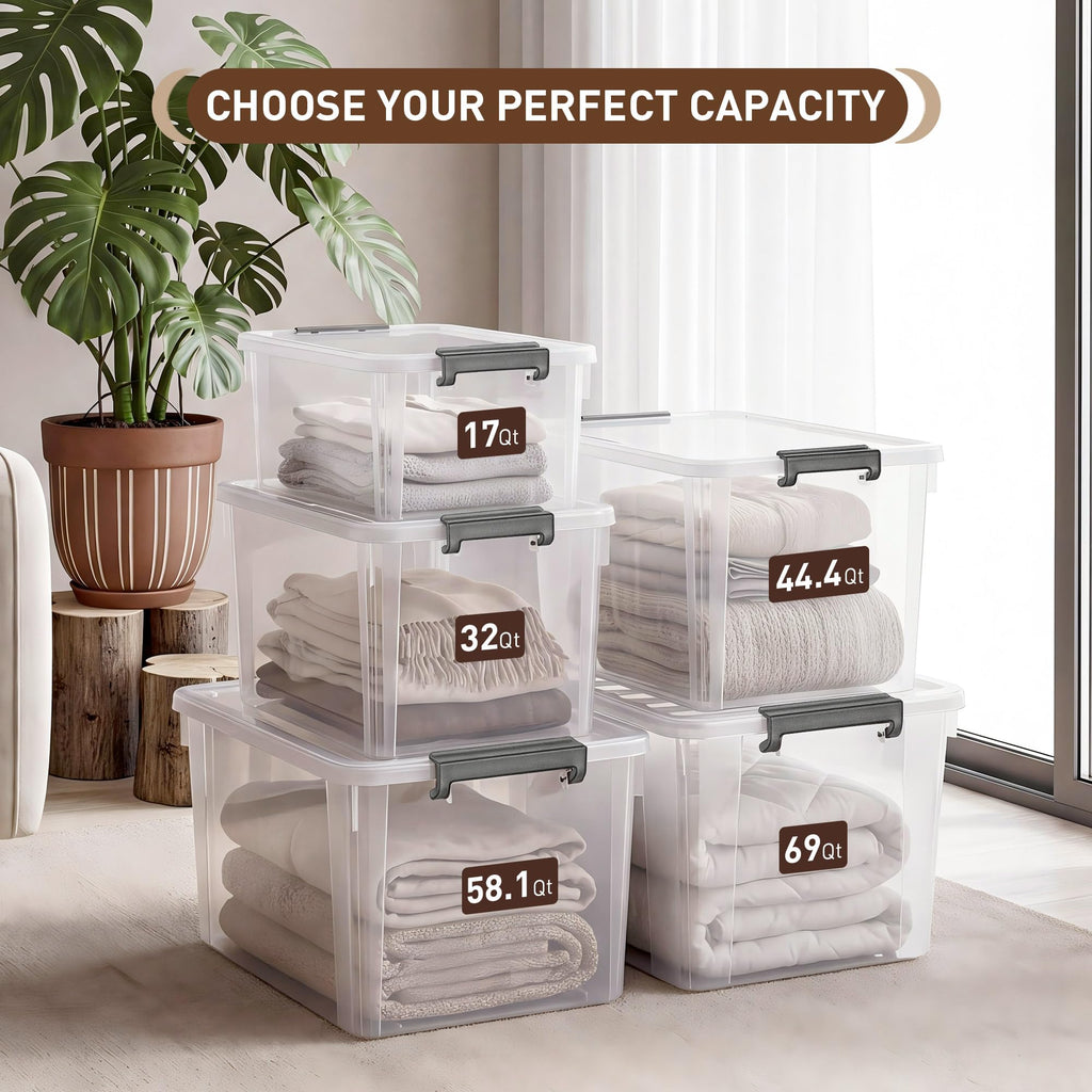 58.1 QT Plastic Storage Bins with Latching Lids Stackable Storage Containers for Organizing Large Clear Storage Box for Garage (4 Count)