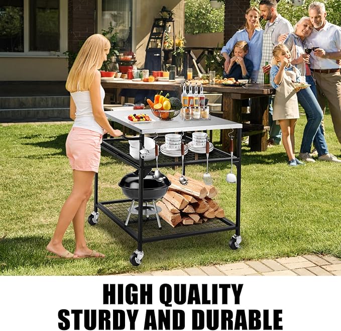 3-Shelf Outdoor Grill Table, Pizza Oven Tables with Waterproof Cover, Movable Dining Cart, Trolley Table with Wheels, Outdoor Kitchen Cooking Prep BBQ Cart for Home Party, Bar,Camping