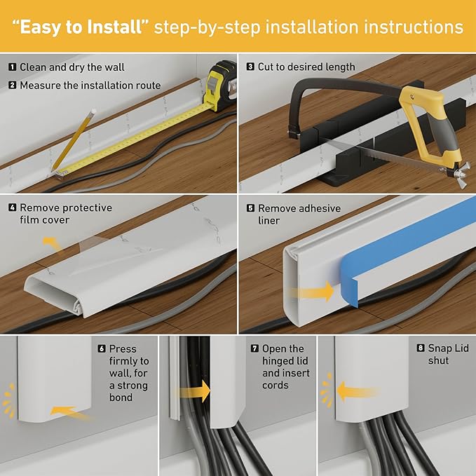 D-Line TV Wall Mount Cord Hider, Hide Mounted TV Cables, Wire Covers, Self Adhesive Cover for Cords, Paintable, Low Profile, Seamless Cable Raceway - 2.36in W x 0.59in H x 39in L - White