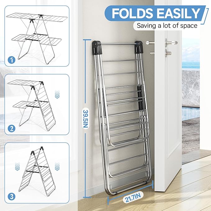 APEXCHASER Clothes Drying Rack with 4 Wings, Stainless Steel Drying Rack Clothing with Height-Adjustable, Foldable Gullwings Laundry Drying Rack, Indoor Outdoor Use, No Assembly, Black