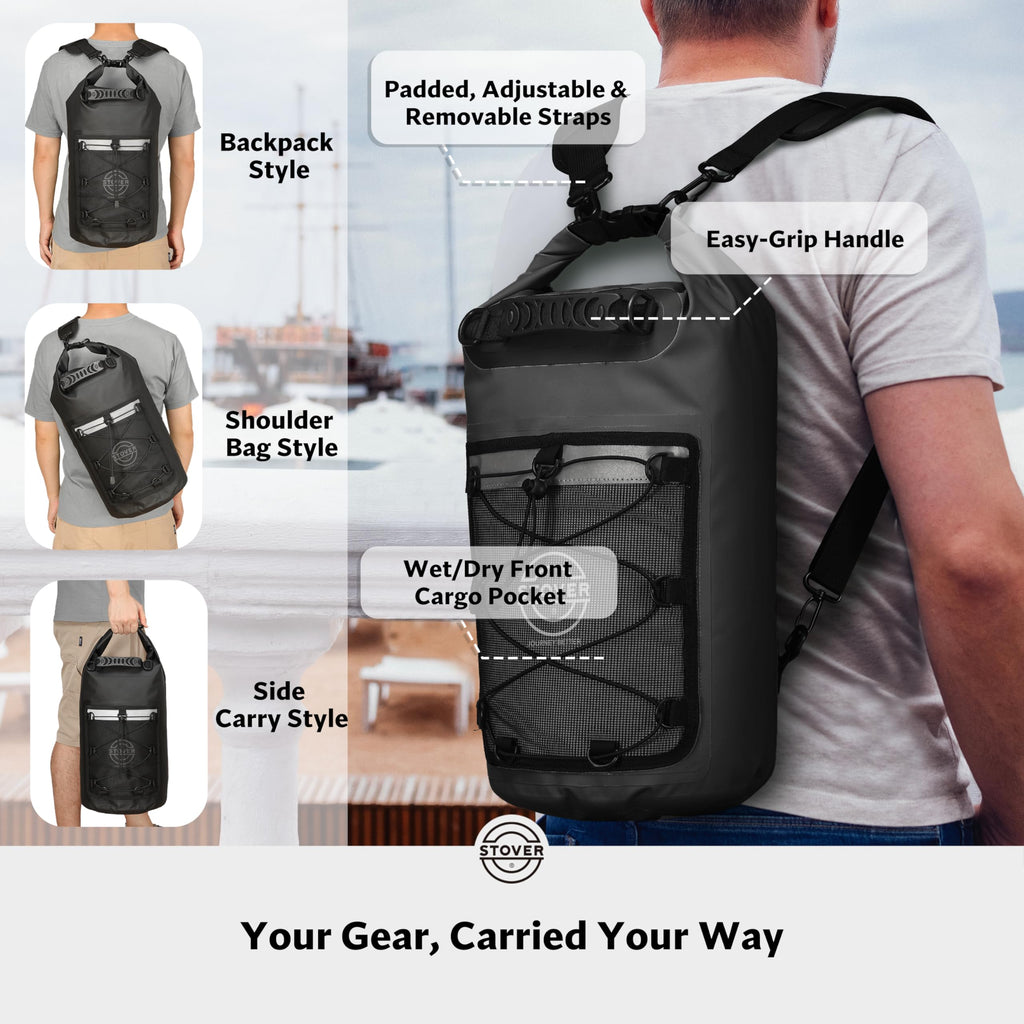 STOVER 5/10/25/30/40L Waterproof Dry Backpack & Phone Case- Large Floating Dry Bag for Kayaking, Travel, Hiking, Fishing, Camping, Motorcycles & Beach, Heavy-Duty Roll Top Men/Women (Black)