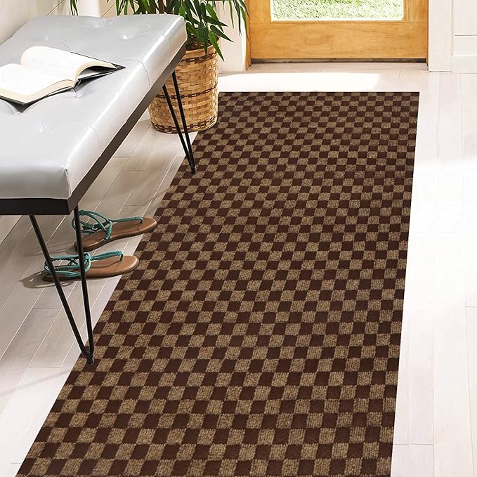 2' x 82' Runner Rugs with Rubber Backing, Indoor Outdoor Utility Carpet Runner Rugs, Checkered Brown, Can Be Used as Aisle for The RV and Boat, Laundry Room and Balcony