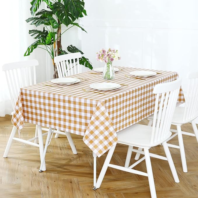 Romanstile Rectangle Vinyl Tablecloth, 100% Waterproof Buffalo Gingham Plastic Table Cloth, Heavy Duty Wipeable Checkered Table Covers for Outdoor, Camping, Picnic, Patio - 54 x 78, Coffee and White