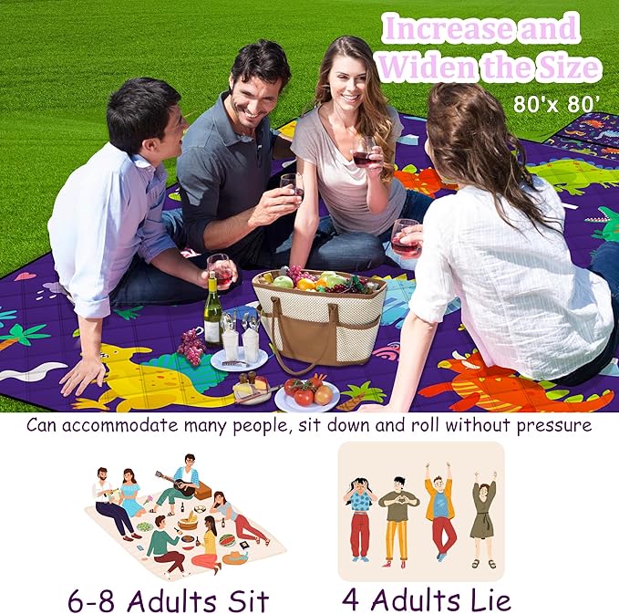 Extra Large Picnic Blanket Waterproof,80"x 80"Foldable Machine Washable Beach Blankets,Outdoor Blanket for 6-8 Adults,Picnic Mat Suitable for Indoor Crawling,Park Beach,Camping,Hiking,Travel（Dinosaur)