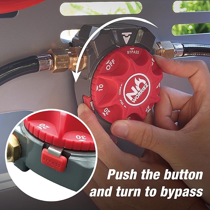 NO WORRIEZ Bypass Safety Auto Shut-Off Gas Timer for Propane & Natural Gas | Outdoor Grill, Fire Pit, Pizza Oven | – 100,000 BTU w/ 3/8" Flared Connector & Hose, Patent Pending