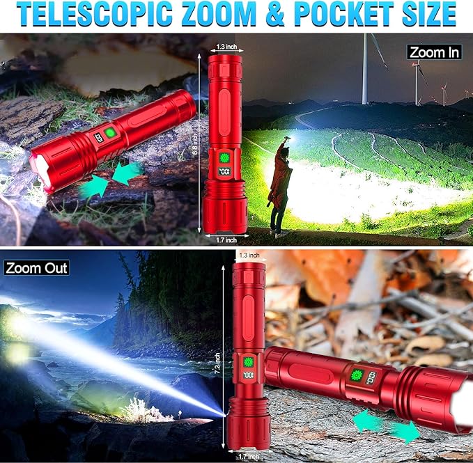 Rechargeable Flashlights High Lumens - 1500 Meters Long Beam Super Bright LED Flash Light with Power Display & IPX5 Waterproof for Camping, 20H Runtime,5 Modes,Zoomable Handheld Flashlight -2pcs Red
