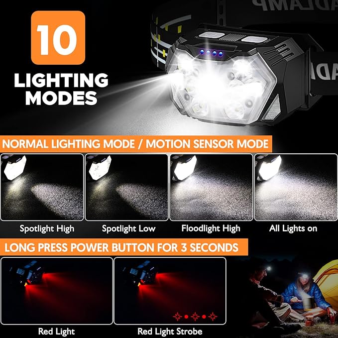 9 LED Headlamp Rechargeable 2 Pack, 2000 Lumens Super Bright Head Lamp with Red Light, 10 Modes, Motion Sensor and Adjustable, IPX5 Waterproof Headlight for Camping Hiking Running