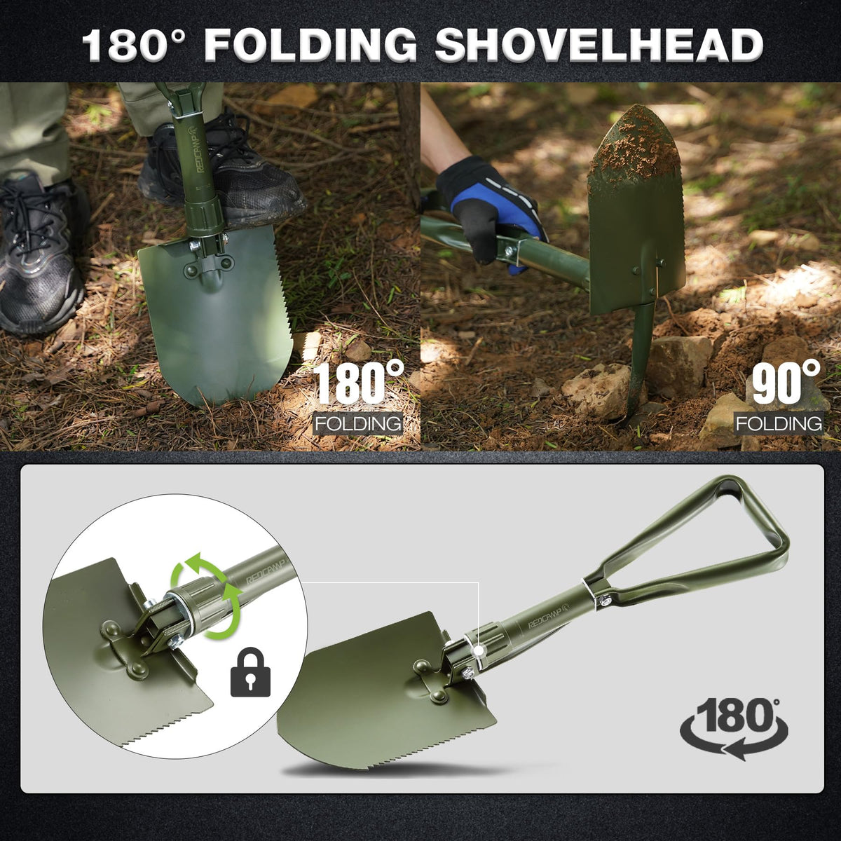 REDCAMP 23" Military Folding Camping Shovel w/Cover,Portable Shovel with High Manganese Steel, Tactical Entrenching Tool Tri-fold Handle Shovel for Camping Hiking Sand Mud Snow Beach, Green 2.5Lbs