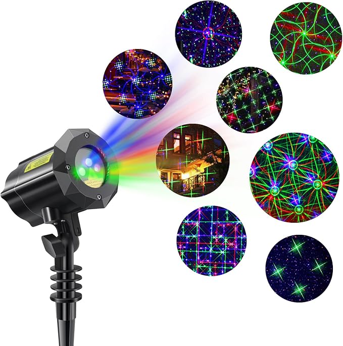 Poeland 8 Patterns Christmas Laser Projector Lights, Outdoor Garden Decorative Lights with Remote Control and Security Lock for Indoor Outdoor Home Garden (Red, Green, Blue)