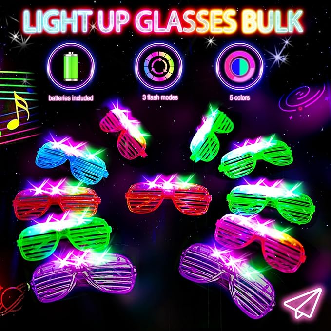 150PCS LED Glasses, Light Up Glasses, 5 Colors, 3 Light Modes, Glow in The Dark Party Supplies, Neon Party Favors for Birthday Gifts, Party Decorations, New Year, Carnival
