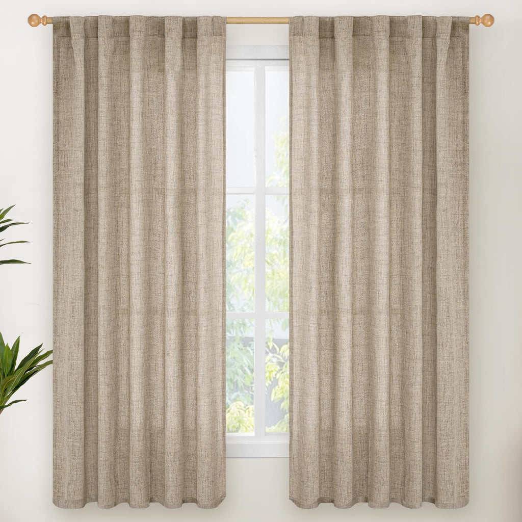 Dark Oatmeal Linen Curtains 63 Inch Length for Living Room (2 Count)