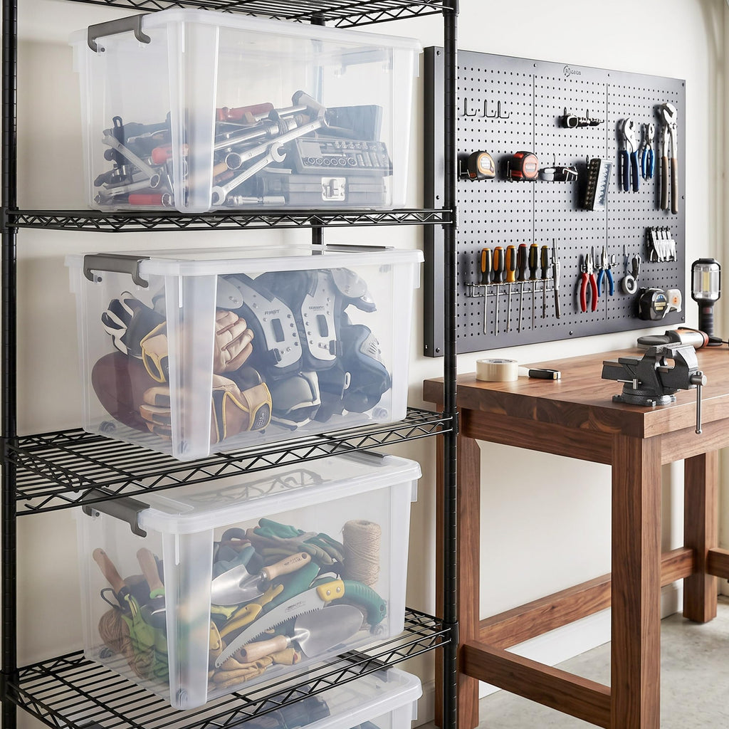 58.1 QT Plastic Storage Bins with Latching Lids Stackable Storage Containers for Organizing Large Clear Storage Box for Garage (4 Count)