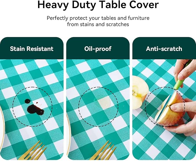 Romanstile Rectangle Vinyl Tablecloth, 100% Waterproof Buffalo Gingham Plastic Table Cloth, Heavy Duty Wipeable Checkered Table Covers for Outdoor, Camping, Picnic, Patio - 54 x 120, Teal Green