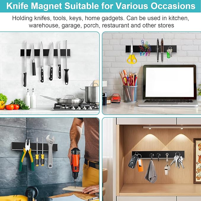 Magnetic Knife Holder With 3 Hooks, 12 Inch Knife Magnetic Strip No Drilling Adhesive Magnetic Knife Holder for Wall Mount Fridge Refrigerator, Magnet Bar Tool Holder Organizer RV Kitchen Gadgets