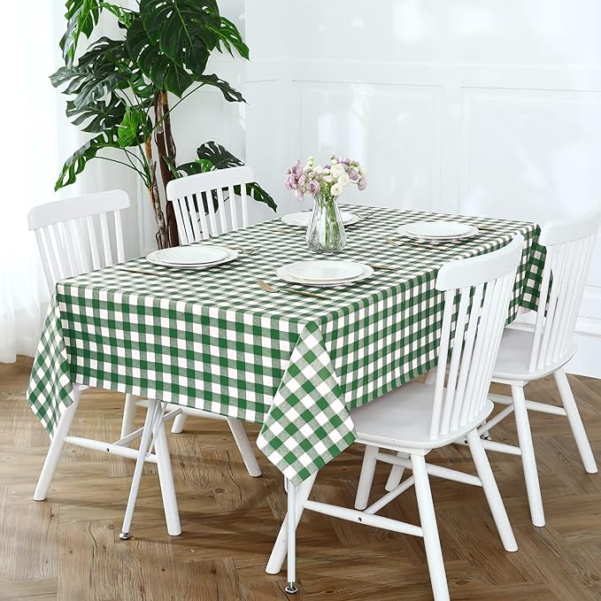 Romanstile Rectangle Vinyl Tablecloth, 100% Waterproof Buffalo Gingham Plastic Table Cloth, Heavy Duty Wipeable Checkered Table Covers for Outdoor, Camping, Picnic, Patio - 60 x 120, Green and White