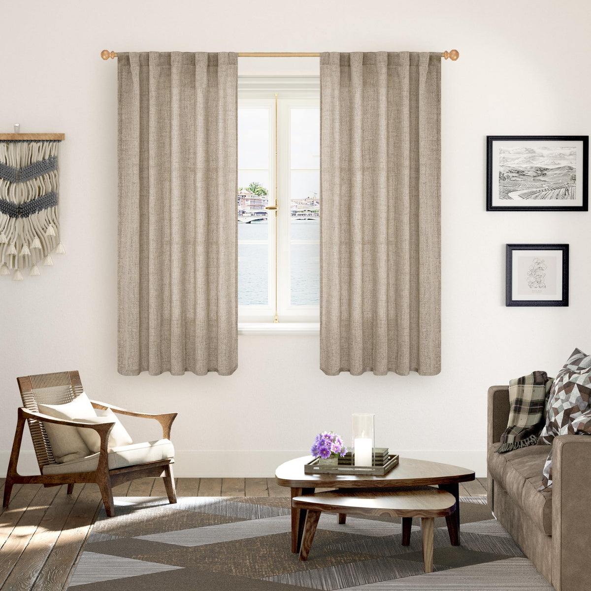 Dark Oatmeal Linen Curtains 63 Inch Length for Living Room (2 Count)